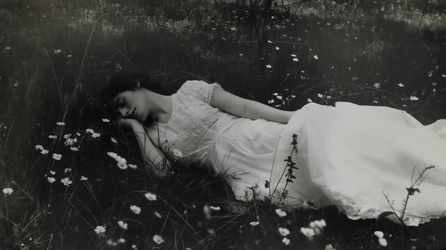 Vintage woman in white dress sleeping in a wildflower meadow