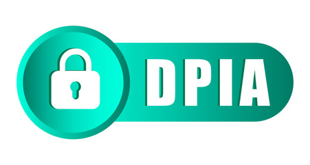 DPIA security icon. Locked data symbol. Vector shield illustration. Turquoise green emblem.