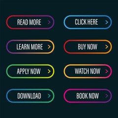 Colorful button set. Neon gradient shapes. Call to action. Vector elements.