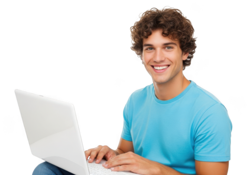Young man with curly hair smiling while typing on a white laptop computer isolated on transparent background - Powered by Adobe