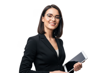 Professional woman in a dark suit and glasses holding a tablet computer smiling confidently isolated on transparent background