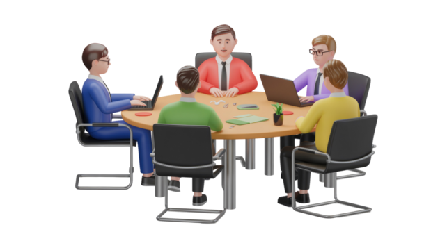 Five 3D cartoon business people in a meeting, collaborating around a round table with laptops and office items. background removed