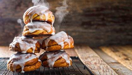Stack of Steaming Hot Cinnamon Rolls with Dripping White Icing