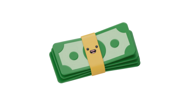 A whimsical stack of green cartoon banknotes, bound by a yellow band with a cute, surprised facial expression. Represents wealth or financial transactions. background removed