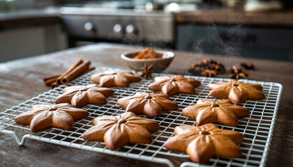 Freshly Baked Star Shaped Gingerbread Cookies Steaming on Wire Rack