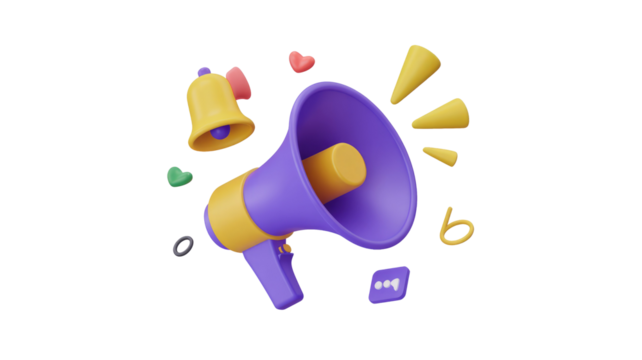 A 3D purple and yellow megaphone, bell, and hearts symbolize announcements, marketing, and notifications. Perfect for communication and engagement concepts. background removed