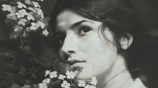 Serene woman opening her eyes among flowers