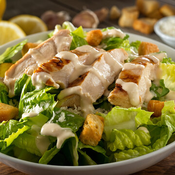 Delicious grilled chicken caesar salad with creamy dressing and croutons