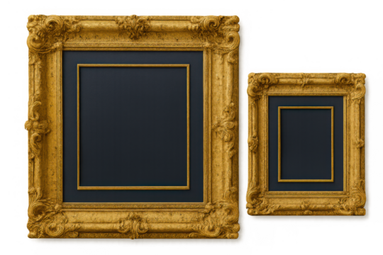 Golden antique baroque picture frames with ornate scrollwork, offering empty dark space for content, transparent background