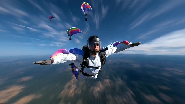 Defocused jumper in freefall while sharp detailed canopy deployment and sky remain in clear focus, with copy space
