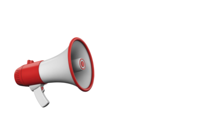 A 3D rendered red and white megaphone icon is prominently displayed on a solid transparent background, signifying announcement, warning, or public address. background removed