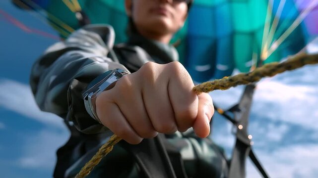 Close-up of hands gripping control lines with defocused body and sharp parachute fabric visible above, with copy space