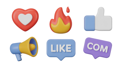 A collection of 3D rendered social media and interaction icons, including heart, fire, thumbs-up, megaphone, and speech bubbles for 'like' and 'com'. background removed