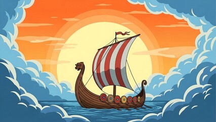 Cartoon viking ship sailing at sunset illustration for kids storybook and educational content art