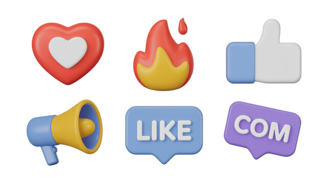 A collection of 3D rendered social media and interaction icons, including heart, fire, thumbs-up, megaphone, and speech bubbles for 'like' and 'com'. background removed