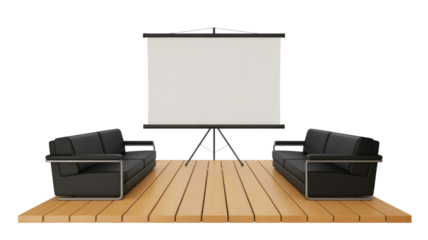 A 3D render: a white projection screen on a stand, flanked by two modern black sofas, all on a light wooden platform. background removed