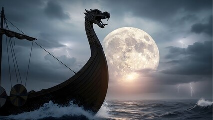 Viking ship sailing at night under full moon with lightning strikes in cloudy sky stock photo image art
