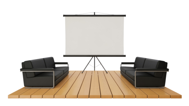 A 3D render: a white projection screen on a stand, flanked by two modern black sofas, all on a light wooden platform. background removed