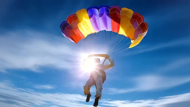 Headless shot showing jumper's torso in harness with focused deployed parachute against bright sky, with copy space