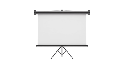 Blank white projector screen on a black tripod stand, ready for presentations, isolated on a transparent background. background removed