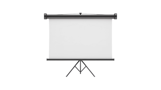 Blank white projector screen on a black tripod stand, ready for presentations, isolated on a transparent background. background removed
