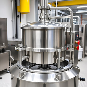 Rotary batch pasteurizer with a tilting mechanism and safety interlocks for a yogurt production facility