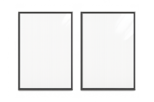 Pair of blank vertical frames with black edges for posters on transparent background, adding content