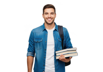 Young man with backpack and stack of books smiling confidently representing education and academic pursuits isolated on transparent background