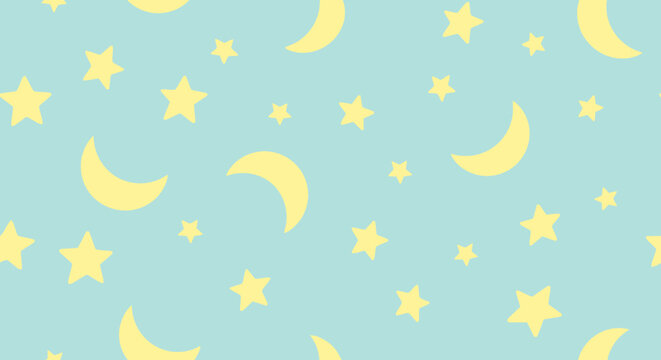 Adorable seamless pattern of a gentle night sky with cute yellow crescent moons and stars on a soft pastel blue background for children's decor