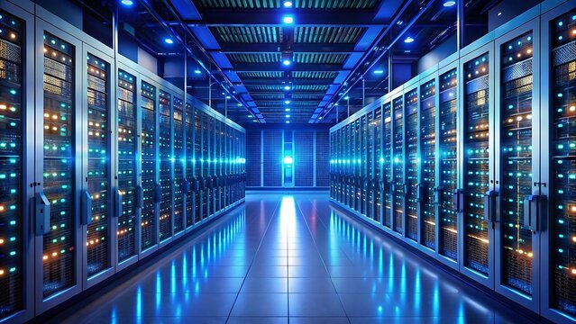 Modern data center with rows of glowing server racks and blue lighting