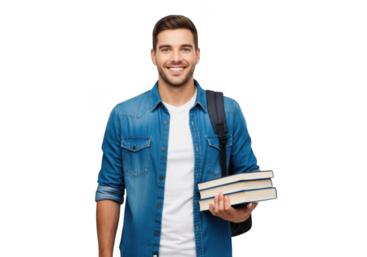 Young man with backpack and stack of books smiling confidently representing education and academic pursuits isolated on transparent background