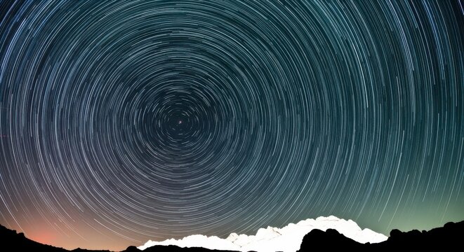 Star trails in the night sky, forming circular patterns around a central point, with a dark silhouette of a mountain range or hills in the foreground, celestial, astronomical, long exposure