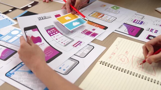 Panorama video of startup UX developer or company employee design user interface or UI prototype for mobile application or website software with software display on smartphone in office. Synergic