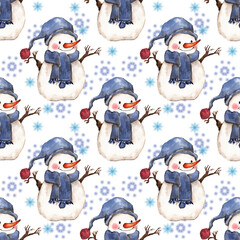 Pattern con pupazzi di neve e fiocchi di neve, illustrazione ad acquerello isolata su sfondo bianco