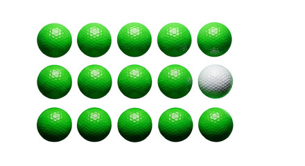 Fifteen golf balls with one white and fourteen green