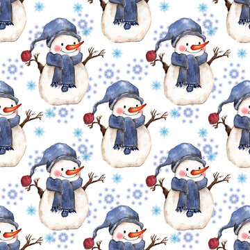 Pattern con pupazzi di neve e fiocchi di neve, illustrazione ad acquerello isolata su sfondo bianco