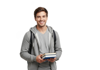 Smiling young man wearing a grey hooded jacket and carrying a stack of books isolated on transparent background