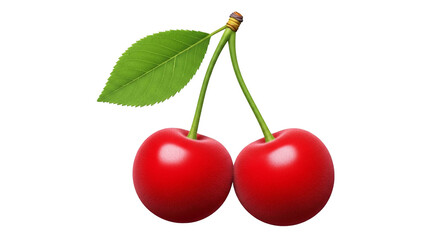 Two ripe cherries with a green leaf