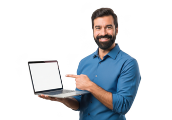 Smiling bearded man in blue shirt points to a laptop screen with a blank white display isolated on transparent background