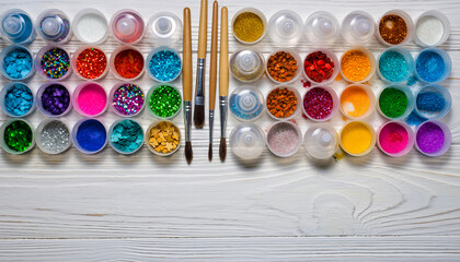 Colorful Craft Supplies Flat Lay with Glitter and Brushes on White Wood Copy Space