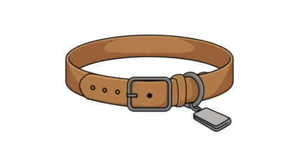Illustrated brown leather dog collar featuring a silver buckle, D-ring, and identification tag. Essential pet accessory for safety and style. background removed