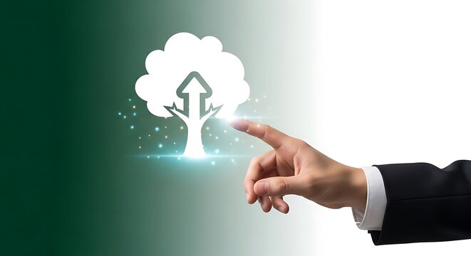 Hand touching white tree icon with upward arrow and glowing particles growth
