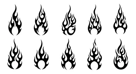 Classic old school and retro tattoo style flame silhouettes in black and white featuring neo tribal and minimalist designs perfect for vintage graphic design projects and apparel