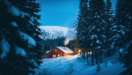 Illuminated Wooden Log Cabin with Smoking Chimney in Snowy Mountain Forest at Twilight