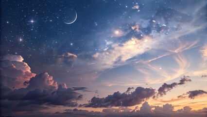 Dreamy night sky with crescent moon and stars, a magical scene for fantasy books, spiritual designs, or serene backgrounds in your next creative project