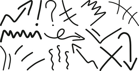 Hand-drawn abstract doodle marks and expressive arrow sketch elements creating a dynamic vector design for modern creative projects.