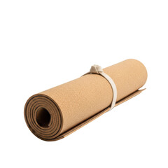 A tan yoga mat rolled up and secured with a white strap on a transparent background in a studio setting