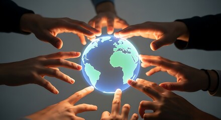 Multiple hands reaching towards a glowing blue and green Earth globe world