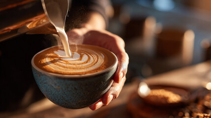 Hands of barista pouring latte art in café, warm light, small business ambience