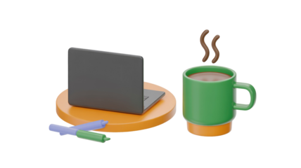 Minimalist 3D render of a laptop, hot coffee mug, and colorful markers, symbolizing work, creativity, and a cozy break. background removed